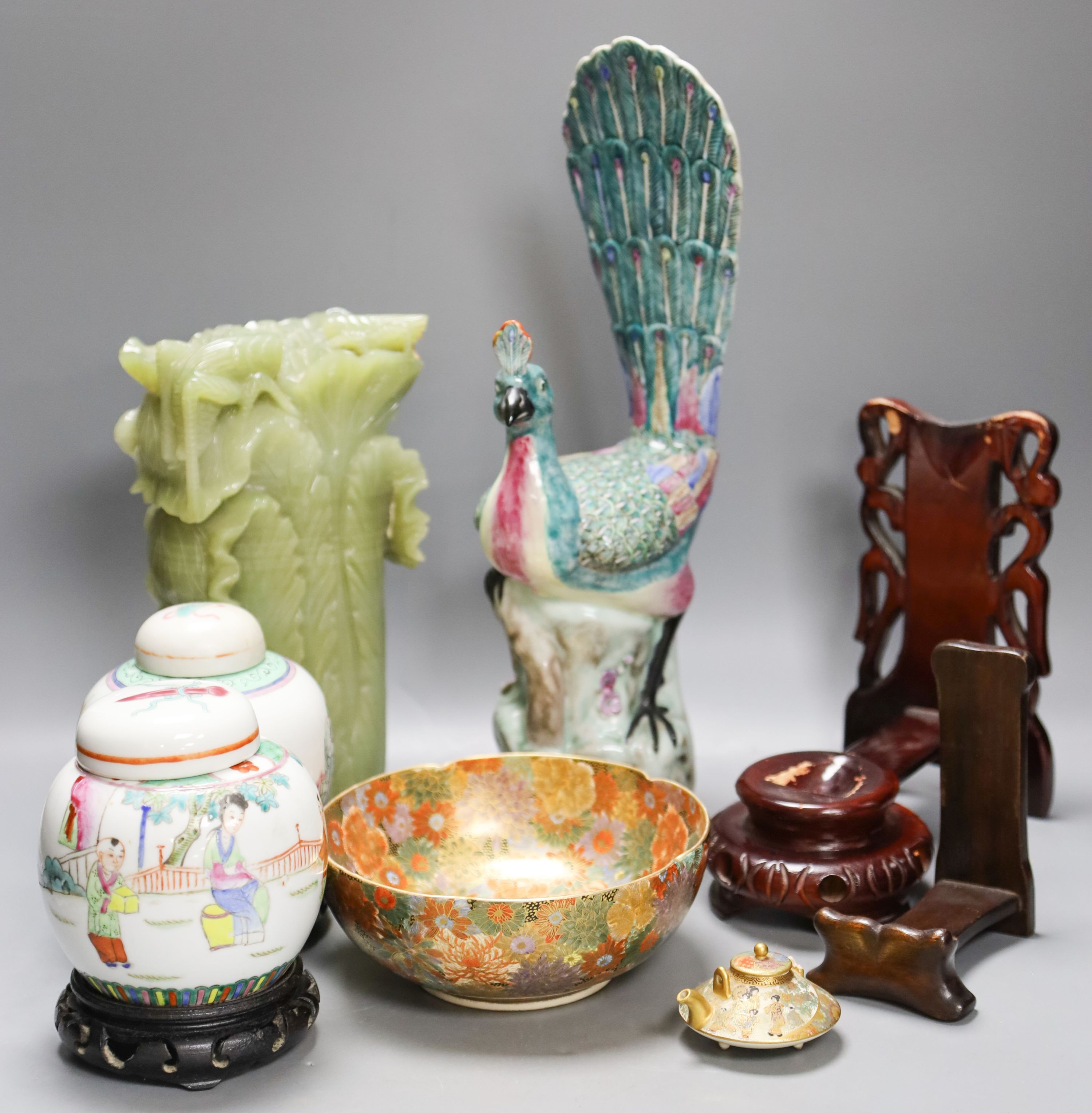 A Satsuma vase and miniature teapot, Chinese porcelain peacock, a glass model of Chinese cabbage and two jars